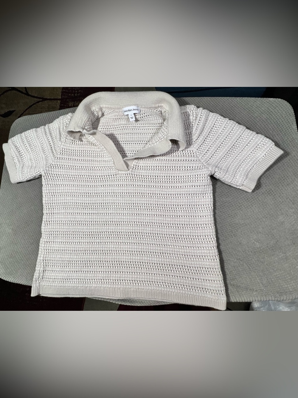 Calvin Klein Jeans Ivory Open-Weave Crochet Polo